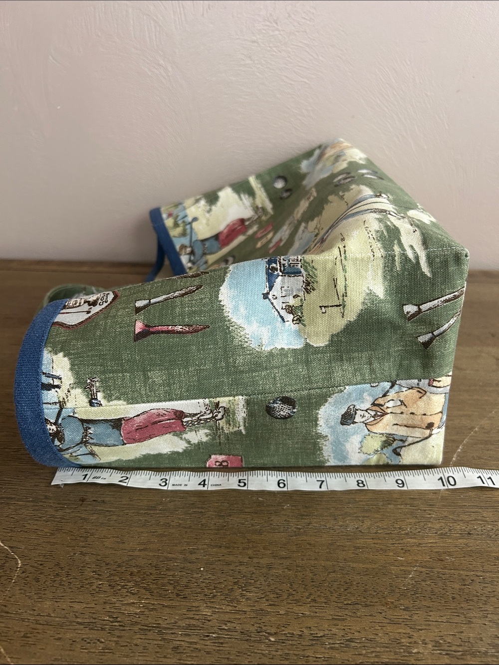 Vintage Handmade Toile Pattern Canvas Green Golf-Print Open Tote Bag. - Picture 6 of 10